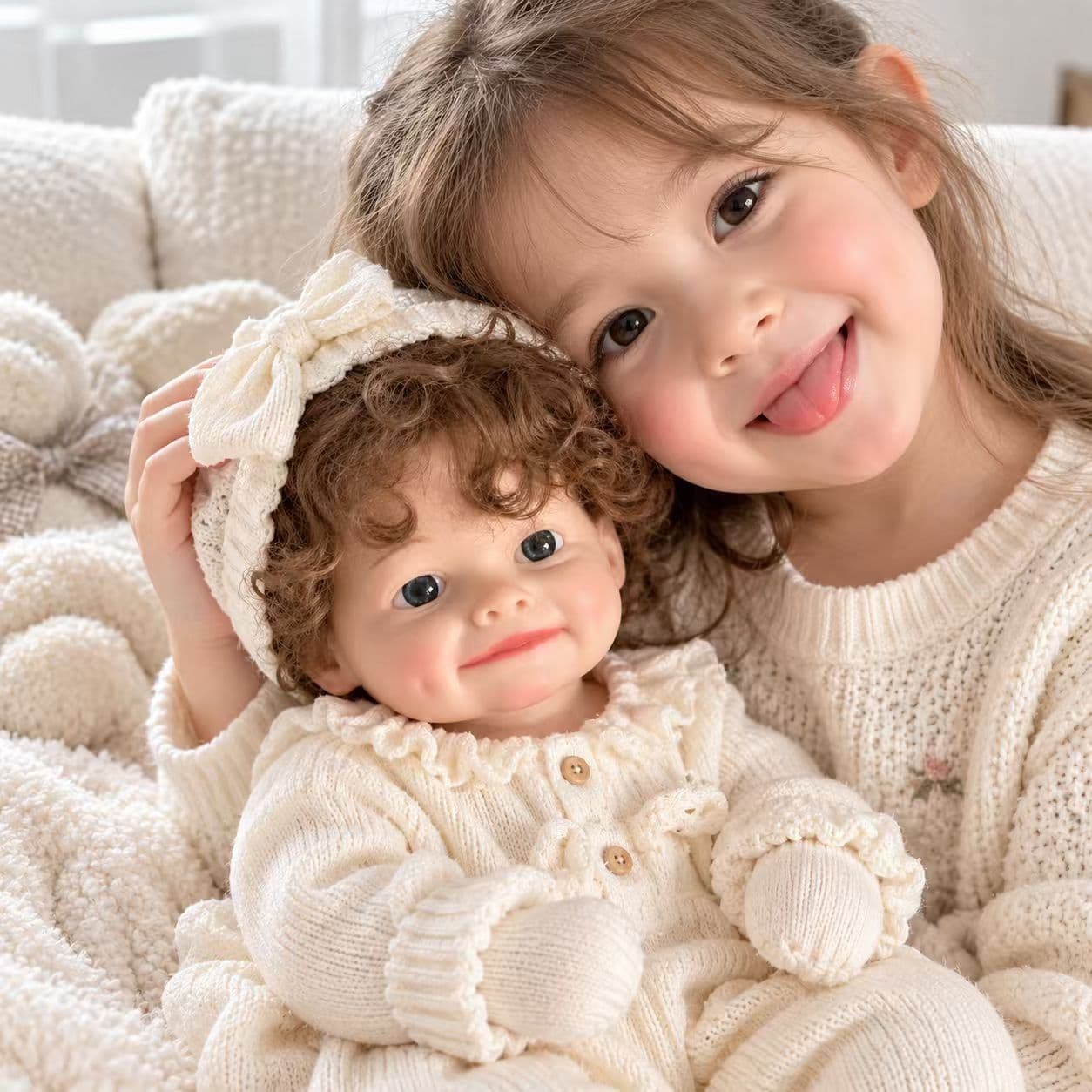 Model 012 reborn baby doll with curly brown hair and a cream knitted outfit, held close by a smiling girl.