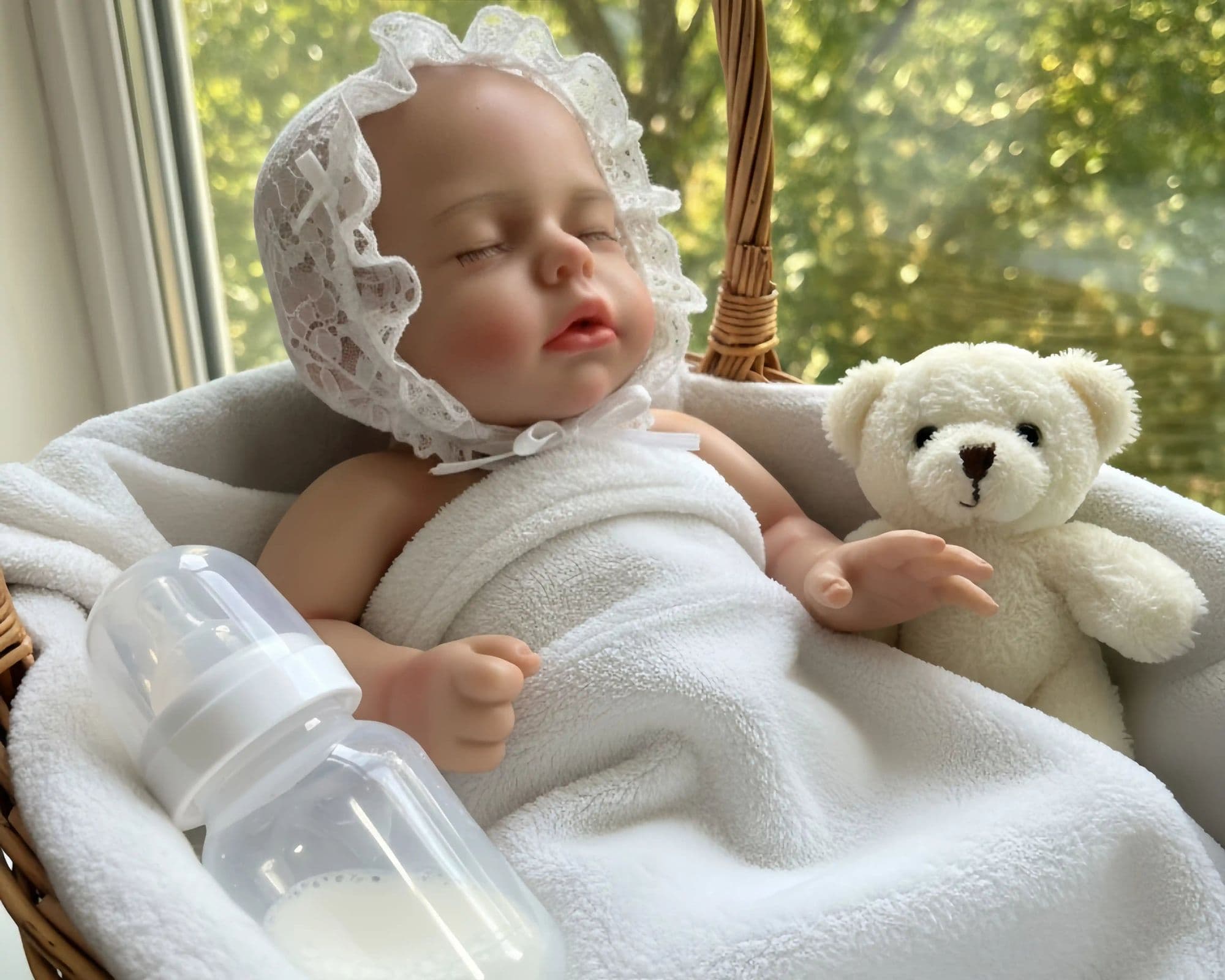 Sleeping reborn doll in a white lace bonnet, wrapped in a towel in a wicker bassinet beside a teddy bear and a milk bottle, by a sunlit window.