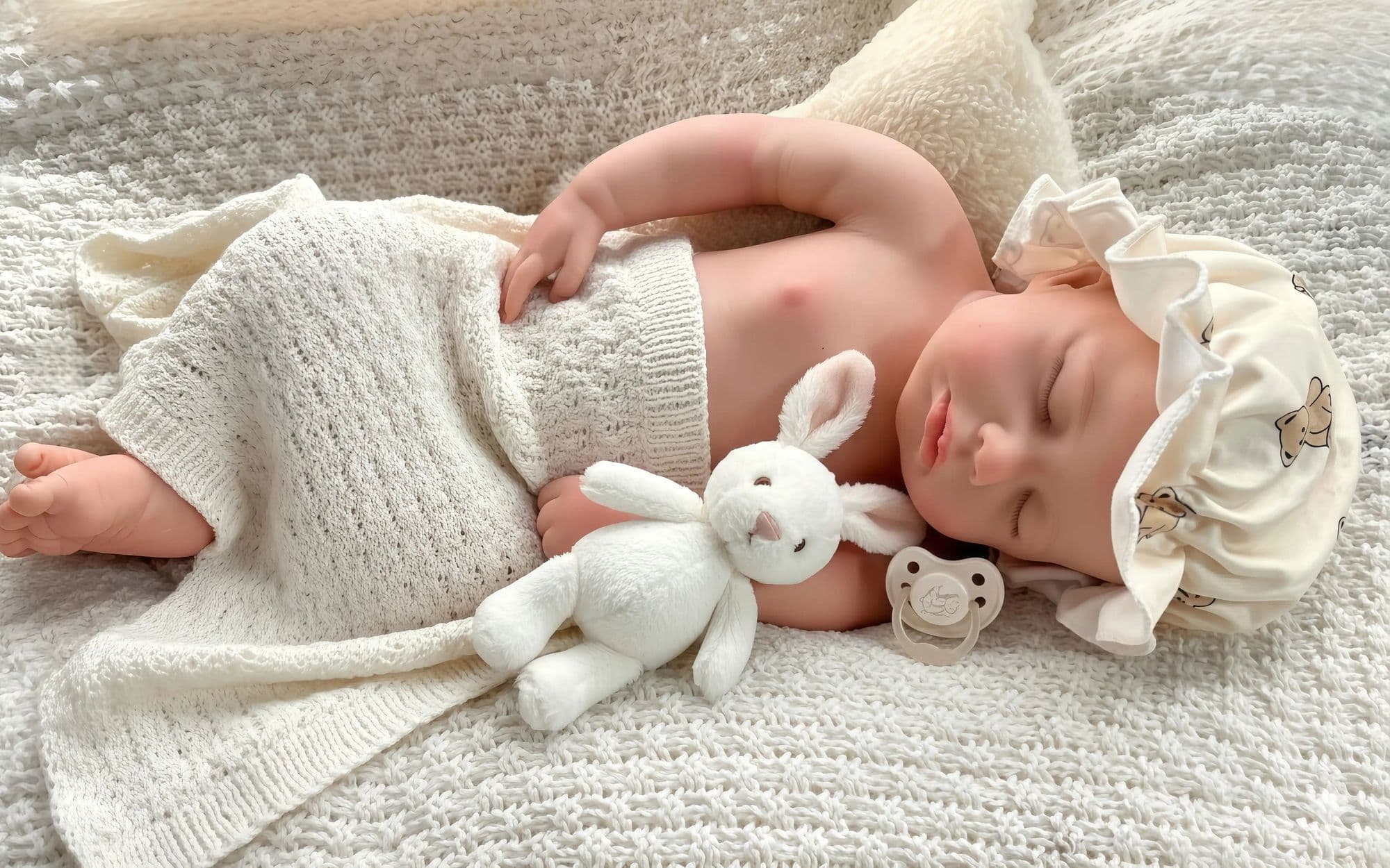 Sleeping reborn doll in a cream knit outfit and frilled bonnet, lying on a knit blanket with a white plush bunny and a pacifier.